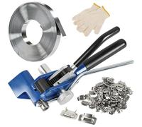 Dispositivo de flejado manual, bobina de acero inoxidable (19 mm x 30,48 m x 0,76 mm) + hebillas de metal (100 unidades), con guantes, juego de flejes manuales para industria, construcción, transporte
