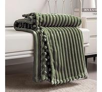 DISSA Fleece Blanket Twin Size - 60x80, Olive Green - Soft, Plush, Fluffy, Fuzzy, Warm, Cozy Throw for Couch, Bed, Sofa - with Pompom Fringe - Flannel Blanket Throw Blanket