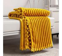 DISSA Manta de Forro Polar tamaño Individual, 51 x 63 Pulgadas, Amarillo, Suave, Afelpada, esponjosa, cálida, acogedora, sofá, Cama, sofá, con Flecos de pompón, Manta de Franela
