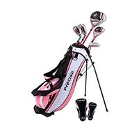 Distinctive Girls Pink Junior Golf Club Set for Age 9 to 12 (Height 4'4" to 5'), Left Handed Only, Set Includes: Driver, Hybrid Wood, 2 Irons, Putter, Bonus Stand Bag & 2 Headcovers