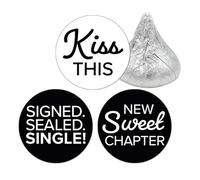 DISTINCTIVS Calcomanías de dulces para fiesta de divorcio para besos de chocolate, firmadas y selladas, recuerdos de fiesta de celebración en blanco y negro, 216 unidades