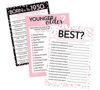 DISTINCTIVS Juegos de fiesta de cumpleaños - Born in the 1930s Chic Pink and Black Birthday Game Bundle - Juego de 3 juegos para 20 invitados