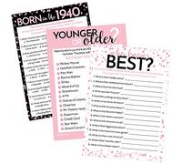 DISTINCTIVS Juegos de fiesta de cumpleaños - Born in the 1940s Chic Pink and Black Birthday Game Bundle - Juego de 3 juegos para 20 invitados