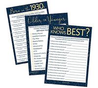 DISTINCTIVS Juegos de fiesta de cumpleaños - Juego de 3 juegos para 20 invitados en azul marino y dorado de los años 30