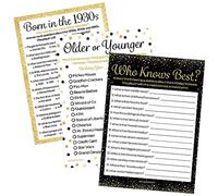 DISTINCTIVS Juegos de fiesta de cumpleaños - Nacido en los años 30 negro y dorado juego de cumpleaños - 85 o 90 cumpleaños - Juego de 3 juegos para 20 invitados