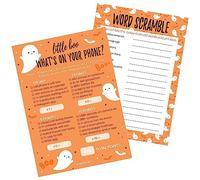 DISTINCTIVS Orange Little Boo is Almost Due Baby Shower Games - Paquete de juegos de 2 juegos de texto en inglés "What's On Your Phone and Word Scramble", 20 tarjetas de doble cara