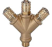 Distribuidor con 3 acoplamientos de cierre rápido NW 7,2, latón pulido, G 3/8 AG, presión de funcionamiento 0 - 35 bar, Temp. -20 °C a 100 °C.