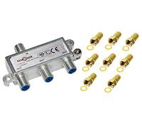 Distribuidor de 3 vías, incluye conector de 8 F; para satélite, cable, TV, DVB T y UKW; HDTV; carcasa de metal fundido