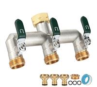 Distribuidor de agua de 3 vías, distribuidor de agua de 3 vías, latón niquelado, distribuidor de grifo de jardín, con asas verdes, conector hexagonal de 3/4 pulgadas con adaptadores de 1/2 pulgadas