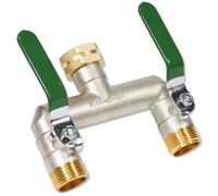Distribuidor de agua de latón niquelado, 2 vías con asas de extensión verdes, conexión hexagonal de 3/4 pulgadas