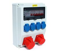 Distribuidor de corriente, distribuidor de pared, distribuidor de corriente portátil para obras con cubierta impermeable, distribuidor de enchufe (1 x 16 A, 1 x 32 A, 4 x 230 V)