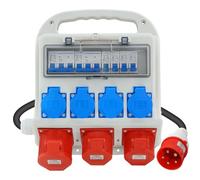 Distribuidor de Corriente para la Construcción 32 A 4 x 230 V + 2 x 16 A 400 V CEE + 1 x 32 A 400 V CEE, Protección Integral IP54, Distribuidor de pared con Tapa Abatible de Seguridad y Cable