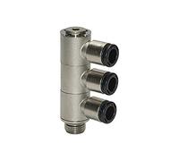 Distribuidor múltiple en L de 3 capas con click-clock, giratorio, G 1/8 A, para manguera de diámetro exterior de 8 mm, presión de trabajo máx. 16 bar, latón vern.