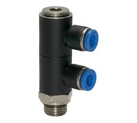 Distribuidor múltiple en L serie azul, 2 vías, giratorio, G 3/8 a, para llave de diámetro exterior de 12 mm, Máx. 15 bar, plástico/MS vern.