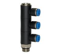 Distribuidor múltiple en L serie azul, 3 posiciones, giratorio, G 3/8 a, para llave de diámetro exterior de 6 mm, Máx. 15 bar, plástico/MS vern
