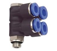 Distribuidor múltiple en L serie azul, 4 vías, giratorio, G 3/8 a, para llave de diámetro exterior de 12 mm, Máx. 15 bar, plástico/MS vern.