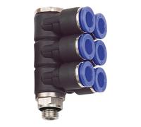 Distribuidor múltiple en L serie azul, 6 velocidades, giratorio, G 1/8 A, para llave de diámetro exterior de 4 mm, Máx. 15 bar, plástico/MS vern.