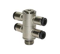 Distribuidor múltiple en T de 4 capas con click-clock, giratorio, G 1/4 A, para manguera de diámetro exterior de 6 mm, presión de trabajo máx. 16 bar, latón vern.