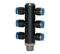 Distribuidor múltiple en T, serie azul, 6 vías, giratorio, R 1/2 a, para llave de diámetro exterior de 12 mm, Máx. 15 bar, plástico/MS vern.