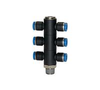 Distribuidor múltiple en T, serie azul, 6 vías, giratorio, R 1/4 a, para llave de 10 mm de diámetro exterior Máx. 15 bar, plástico/MS vern.