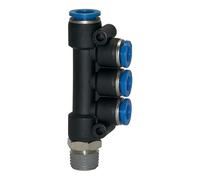 Distribuidor múltiple en T, serie azul, giratorio, R 1/4 a, para manguera de diámetro exterior de 1 x 8/3 x 4 mm, Máx. 15 bar, plástico/MS vern.