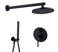 Distribuidor Negro latón montado en la Pared Juego baño con lámpara Redonda y Mano, Ducha de Lujo, 12 Pulgadas