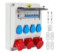 Distribuidor para obras, distribuidor de pared, 1 x 32 A, 2 x 16 A, 4 x 230 V con LS+FI con interruptor de protección, distribuidor de pared con RCCB, enchufe CEE 16/32 A para obras