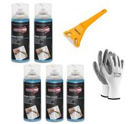 Disuelve silicona, elimina la silicona y los residuos relativos sin atacar las superficies, actúa rápidamente, spray 5 x 400 ml. El kit incluye 1 raspador y 1 par de guantes de nitrilo