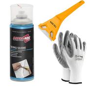 Disuelve silicona, elimina la silicona y los residuos relativos sin atacar las superficies, actúa rápidamente, spray 1 x 400 ml. El kit incluye 1 raspador y 1 par de guantes de nitrilo