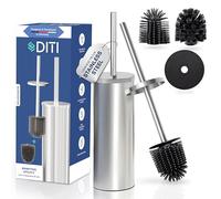 DITI Escobilla de inodoro redonda de silicona plateada mate, acero inoxidable cepillado, escobilla de inodoro con soporte y protección contra salpicaduras, incluye cepillos de repuesto, antibacteriano