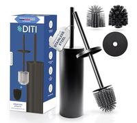 DITI Escobilla redonda de silicona negra - Acero inoxidable - Escobilla de inodoro con soporte - Incluye 2 cabezales de cepillo, 2 protección contra salpicaduras - Cepillo antibacteriano para una