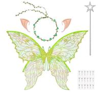 DiULi Alas Hadas Mariposa, 5pcs Alas de Duende+Guirnalda+Orejas de Elfo+Varita de Hada+Pegatinas Diamantes, Alas Disfraz Mujeres y Niños para Halloween, Carnaval, Fiesta,Cosplay, Talla Única (Verde)