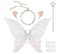 DiULi Alas Hadas Mariposa, 5pcs Alas de Duende+Guirnalda+Orejas de Elfo+Varita de Hada+Pegatinas Diamantes, Alas Disfraz Mujeres y Niños para Halloween, Carnaval, Fiesta,Cosplay, Talla Única (Blanco)
