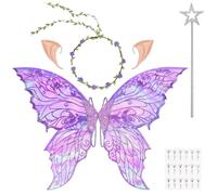 DiULi Alas Hadas Mariposa, 5pcs Alas de Duende+Guirnalda+Orejas de Elfo+Varita de Hada+Pegatinas Diamantes, Alas Disfraz Mujeres y Niños para Halloween, Carnaval, Fiesta,Cosplay, Talla Única (Morado)