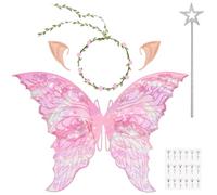 DiULi Alas Hadas Mariposa, 5pcs Alas de Duende+Guirnalda+Orejas de Elfo+Varita de Hada+Pegatinas Diamantes, Alas Disfraz Mujeres y Niños para Halloween, Carnaval, Fiesta,Cosplay, Talla Única (Rosa)