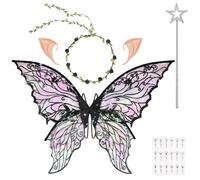 DiULi Alas Hadas Mariposa, 5pcs Alas de Duende+Guirnalda+Orejas de Elfo+Varita de Hada+Pegatinas Diamantes, Alas Disfraz Mujeres y Niños para Halloween, Carnaval, Fiesta,Cosplay, Talla Única (Negro)