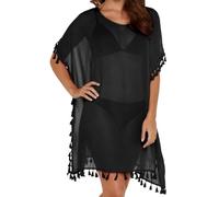 DiULi Baño Bikini Cover Up, Vestido de Bikini Playa Mujer, Camisolas y Pareos Verano, Sexy Ropa de Baño Playa, Chal de Gasa, Playeros de O Cuello, Suelta Pareos de Casual con Borlas, Talla única-Negro