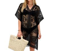 DiULi Camisolas y Pareos Mujer, Salida de Baño, Traje de Baño Cover Up, Cubretraje Suelto de Bikini, Encaje Kimono Playa, Cuello en V, Sexy y Elegante, para Verano Vacaciones, Piscina y Fiesta, Negro