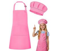 DiULi Delantal y Gorro Cocinero Niño, 2 Piezas Delantal y Gorro de Chef para Niños, Set de Delantales Infantiles Ajustables con Bolsillos y Gorros para Cocinar Hornear Pintura y Jardinero, Rosa - S