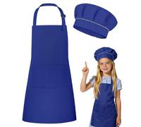 DiULi Delantal y Gorro Cocinero Niño, 2 Piezas Delantal y Gorro de Chef para Niños, Set de Delantales Infantiles Ajustables con Bolsillos y Gorros para Cocinar Hornear Pintura y Jardinero, Azul Real-S