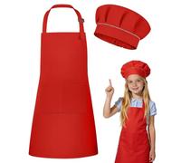 DiULi Delantal y Gorro Cocinero Niño, 2 Piezas Delantal y Gorro de Chef para Niños, Set de Delantales Infantiles Ajustables con Bolsillos y Gorros para Cocinar Hornear Pintura y Jardinero, Rojo - S