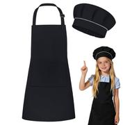 DiULi Delantal y Gorro Cocinero Niño, 2 Piezas Delantal y Gorro de Chef para Niños, Set de Delantales Infantiles Ajustables con Bolsillos y Gorros para Cocinar Hornear Pintura y Jardinero, Negro - S