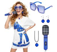 DiULi Disfraz ABBA Mujer, Disfraz Disco Años 70 y 80 Mujer, Azul, 7 pcs-XL