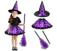 DiULi Disfraz de Bruja Niña, Falda de Brujas de 3 Piezas, Traje de Witch Niños, Falda de Tutú Halloween Set con Sombrero de Bruja Plegable y Escoba para Fiesta, Cumpleaños, Carnaval, Cosplay (Morado)