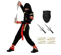 DiULi Disfraz de Ninja Niños, Conjunto de Ropa Ninja para Niño, Tipo Dividido, Juego de Cosplay de Ninjas con Capucha, Cinturón, Mascarilla, Correas de Puños y Bayoneta de Juguete (Negro Rojo-XL)