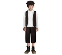 DiULi Disfraz de Niño Victoriano Pobre, 4 Piezas de Disfraces Castañero Niños, Chaleco Victoriana, Mangas Largas, Pantalones y Gorro, Traje de Época Pobre para Carnaval, Halloween, Mascarada (Talla S)