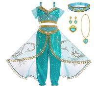 DiULi Disfraz de Princesa Fantasía del Reino para Niña, Set Vestido de Medio Oriente, Disfraces de Princesa con Accesorios del Cabello, Collar, Anillo y Pendientes, Cosplay, Danza de Vientre Disfraces