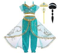 DiULi Disfraz de Princesa Jazmín para Niña, 5 Piezas Disfraces de Princesa Árabe con Peluca Cetro y Corona, Trajes de Danza del Vientre, Vestido Jasmine para Carnaval de Halloween y Cumpleaños, 140
