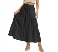DiULi Falda Larga Mujer Elegante, Cintura Elástica Alta Faldas, Fluida Falda Ensayo Flamenco Largo Línea A con Forro, Acampanada Maxi Skirts para Verano Fiesta Vacaciones Playa Casual (Negro - XL)