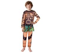 DiULi Poder Divino Disfraz Niños, 2pcs Disfraz de Fornido para Niños, Larga Top de Tatuaje y Pantalones Falda de Hojas, Ropa de Savage para Halloween Navidad Carnaval Fiesta Cumpleaños Mascarada (A)